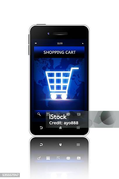 Mobile Phone With Shopping Cart Screen Over White Background Stock Photo - Download Image Now