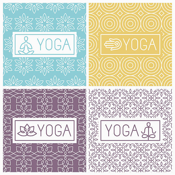 ilustraciones, imágenes clip art, dibujos animados e iconos de stock de vector de iconos de yoga y tarjetas de línea - posición del loto