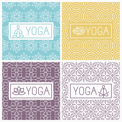 Vector yoga icons and line badges - graphic design elements in outline style or logo templates for spa center or yoga studios