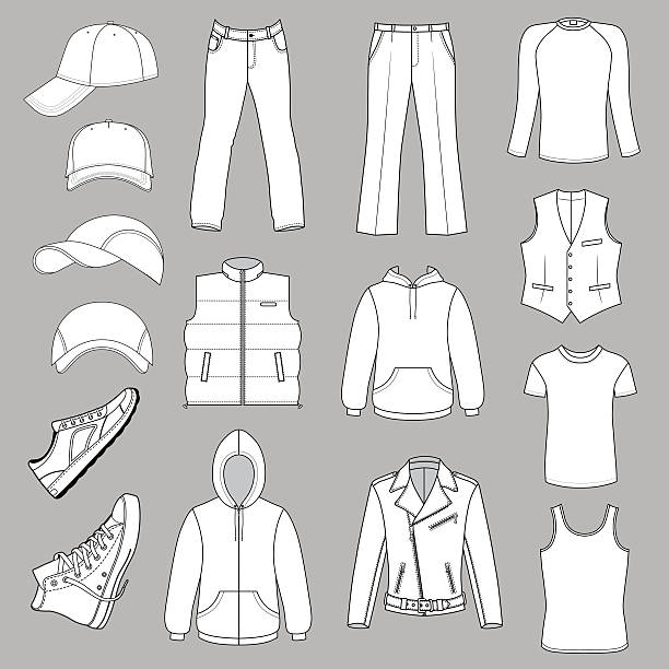 Outlined menswear, headgear & shoes season collection Outlined menswear, headgear & shoes season collection, vector illustration isolated on grey background mens fashion stock illustrations