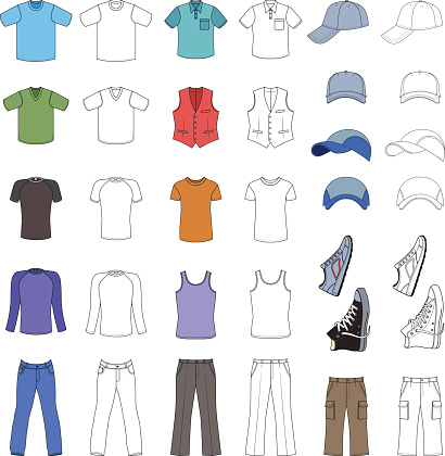 Outlined & colored  menswear, headgear & shoes season collection, vector illustration isolated on white background