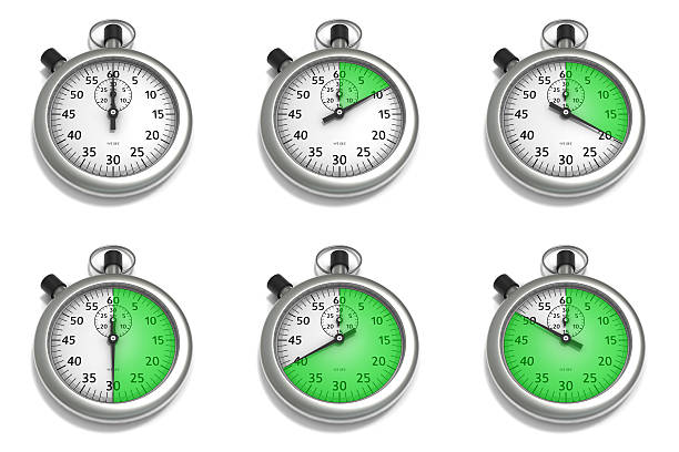 Stopwatch Set of Illustrations Stopwatch Set of Illustrations Showing Positions of Zero to Fifty Seconds. 3D Illustrations Isolated on White Background minute hand photos stock pictures, royalty-free photos & images
