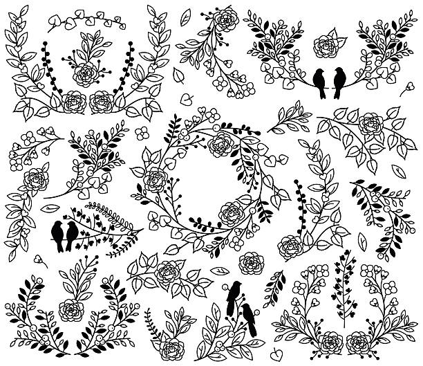 valentine's day lub wesele tematyczne laurel i kwiatowy wektor kolekcja - single flower flower vine leaf stock illustrations