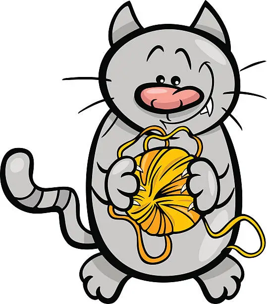 Vector illustration of cat with yarn cartoon illustration