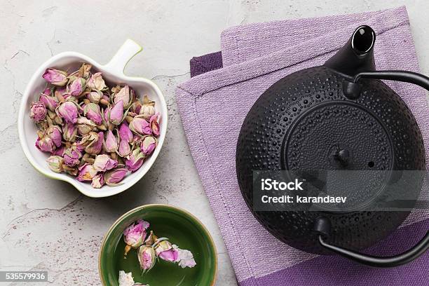 Asian Rose Tea And Teapot Stock Photo - Download Image Now - Above, Black Color, Bowl