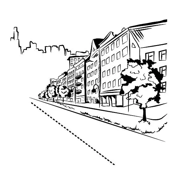 Black and white street in the city - coloring page for kids