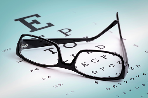 enthusiastic woman with reading glasses and eye chart