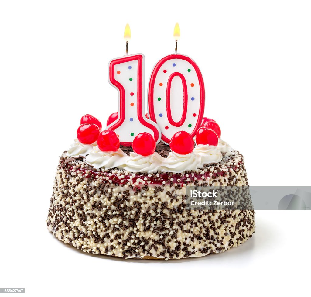 Birthday cake with burning candle number 10 10-11 Years Stock Photo