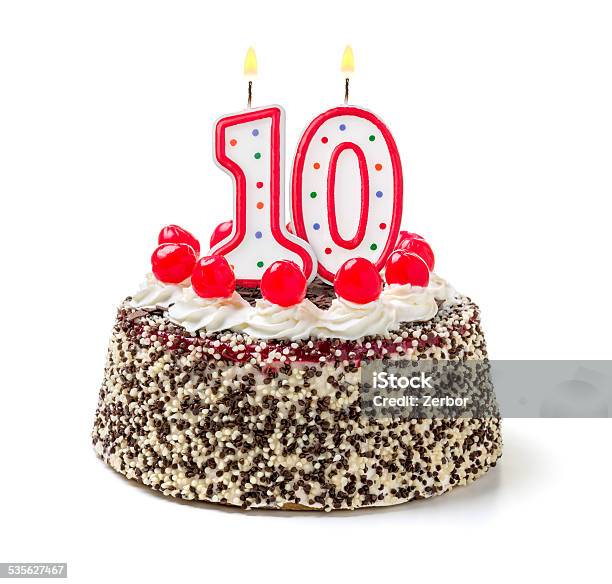 Birthday Cake With Burning Candle Number 10 Stock Photo - Download Image Now - 10-11 Years, Number 10, Birthday Cake