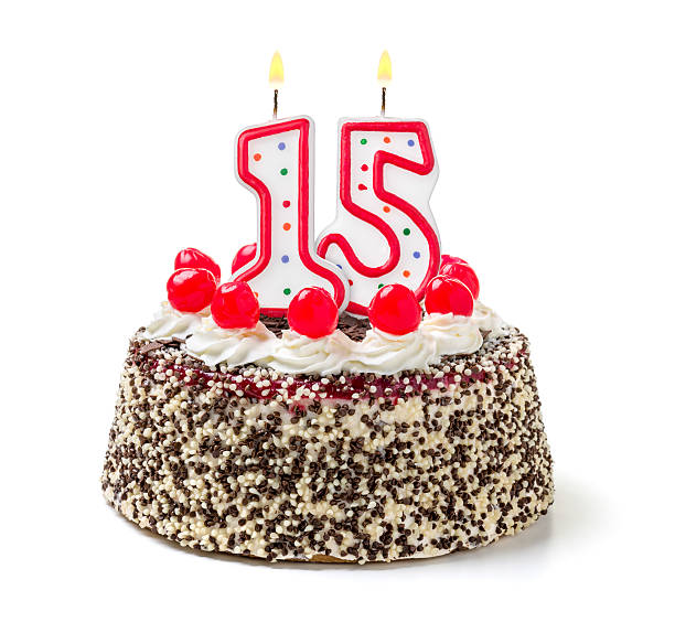 istock Birthday cake with burning candle number 15 535627477