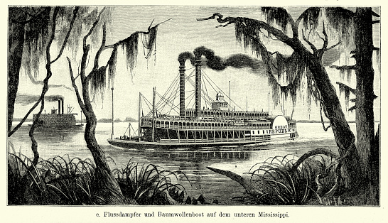 Vintage engraving of Riverboat and cotton boat on the lower Mississippi. Ferdinand Hirts Geographische Bildertafeln,1886.