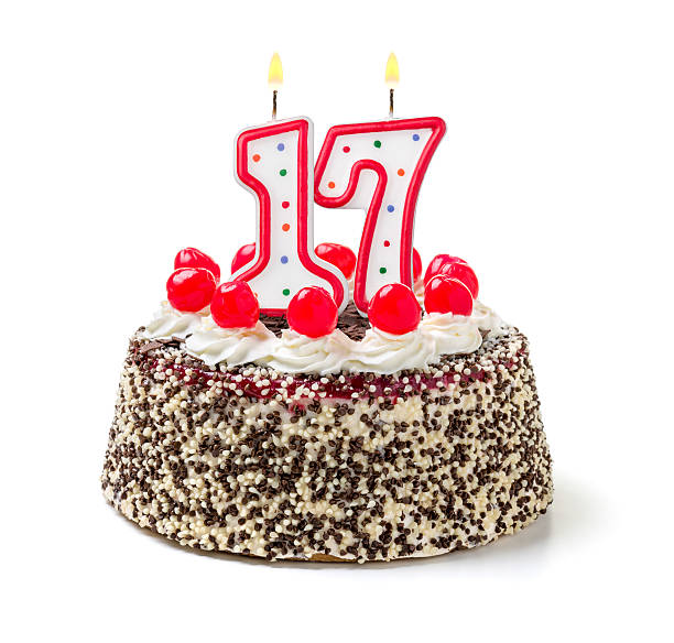 Birthday cake with burning candle number 17
