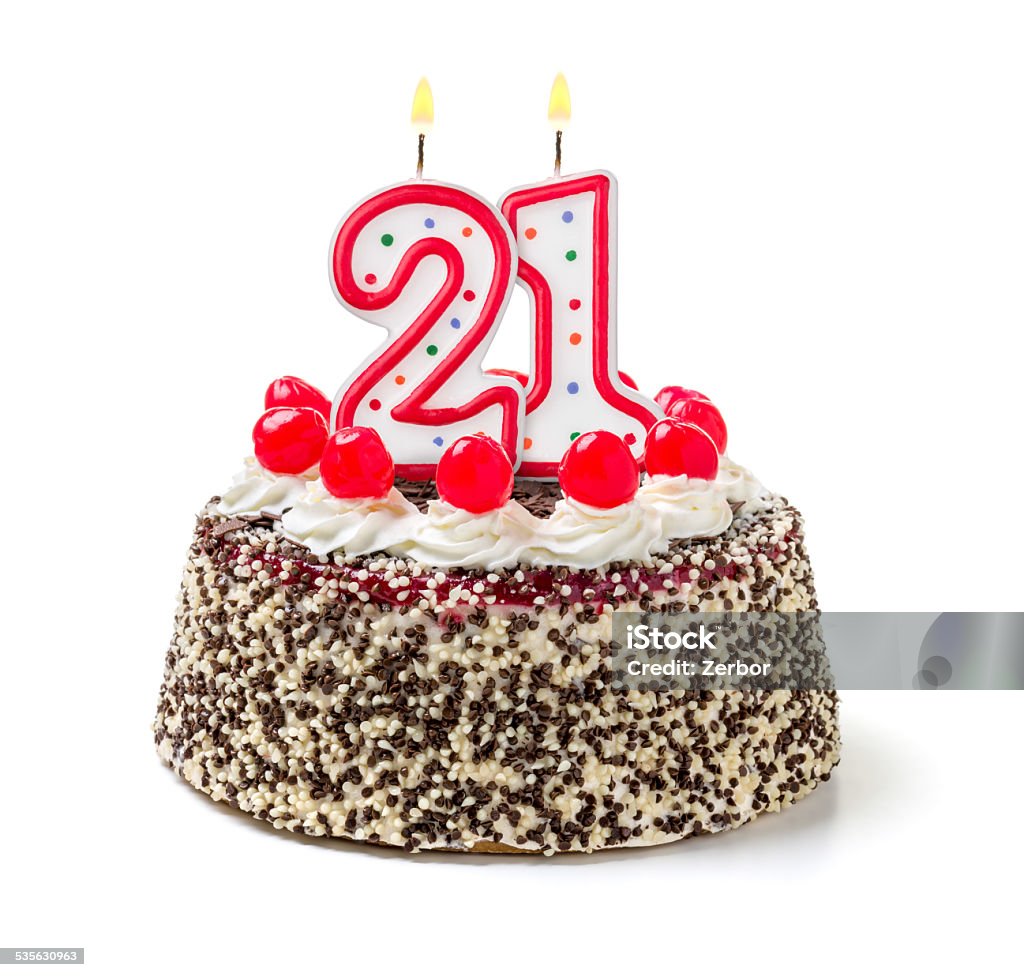 Birthday cake with burning candle number 21 20-24 Years Stock Photo