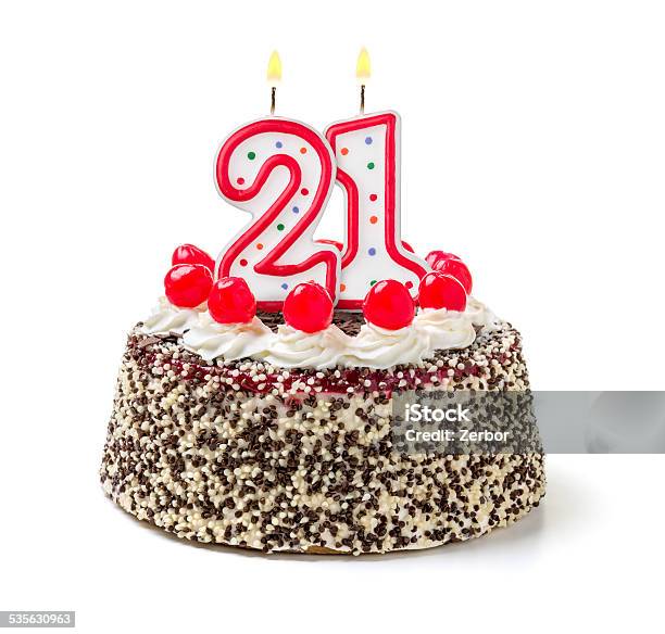 Birthday Cake With Burning Candle Number 21 Stock Photo - Download Image Now - 20-24 Years, Candle, Number 21