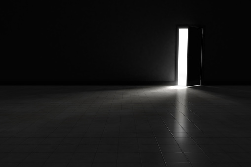 Door to dark room with bright light.  Background Illustration.
