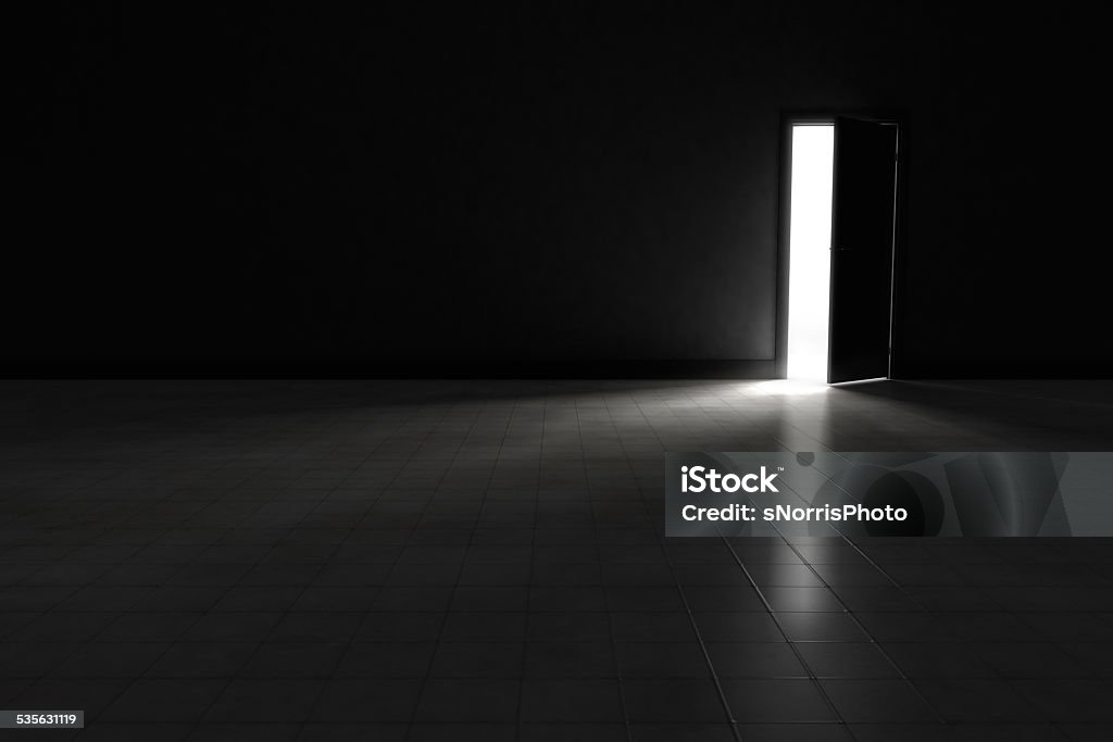 Door to dark room with bright light.  Background Illustration. An open door with bright light streaming into a very dark room.  Background Illustration. Darkroom Stock Photo