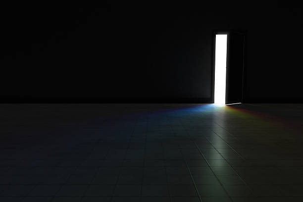 istock Door to dark room with rainbow light.  Background Illustration. 535631363