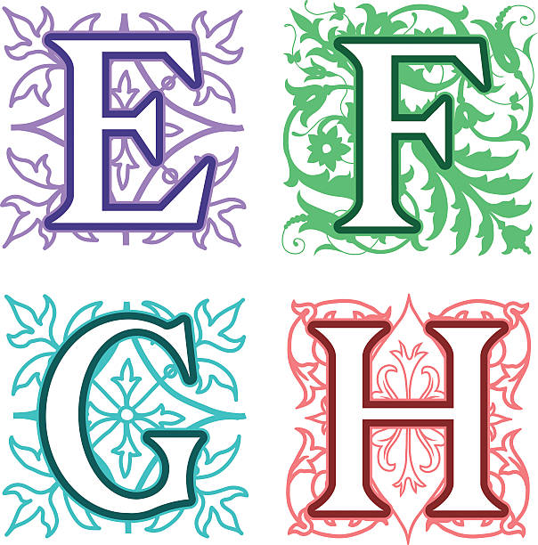 E, F, G, H, alphabet letters floral elements Decorative E, F, G, H, alphabet letters with vintage floral elements in different designs in a square format behind each uppercase colorful letter with silhouette detail antique illustration of ornate letter f stock illustrations