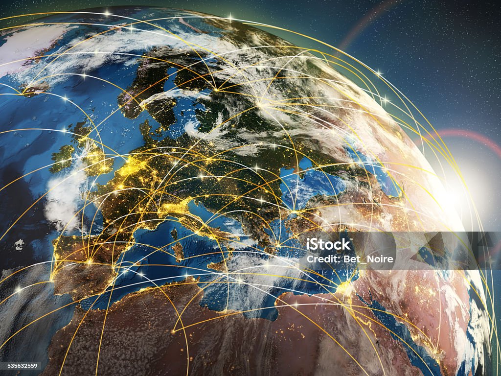 Globalization or communication concept. Earth and luminous rays Globalization or communication concept. Earth and luminous rays symbolizing network or airlines. 3d Physical Geography Stock Photo