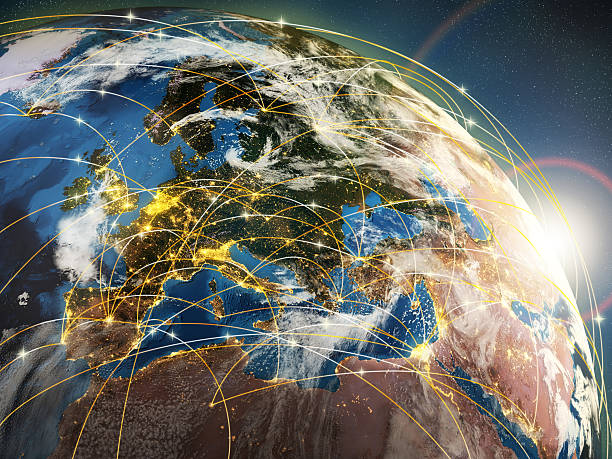 Globalization or communication concept. Earth and luminous rays Globalization or communication concept. Earth and luminous rays symbolizing network or airlines. 3d physical geography stock pictures, royalty-free photos & images