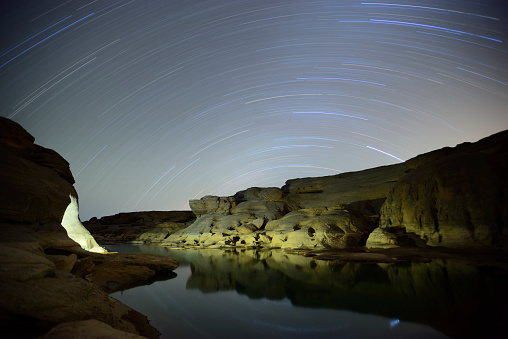 Startrail on the Sam Pan Bok or Grand Canyon in Ubon Ratchathani , Thailand