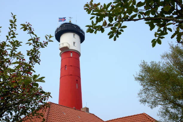 The Old Lighthouse of Wangerooge under clear blue sky. Taken in Wangerooge Island, Friesland, Lower Saxony, Germany, Europe.