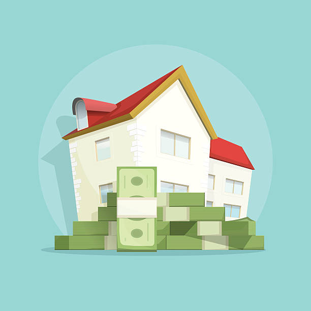 illustrazioni stock, clip art, cartoni animati e icone di tendenza di casa con mucchio di denaro, casa spese simbolo, concetto di prestito mutuo - house currency expense finance