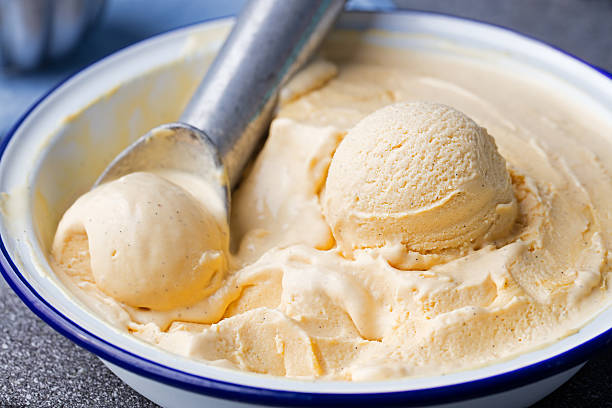 自家製バニラ、キャラメルアイスクリームでヴィンテージのボウルオーガニック製品 - vanilla ice cream ice ice cream organic ストックフォトと画像