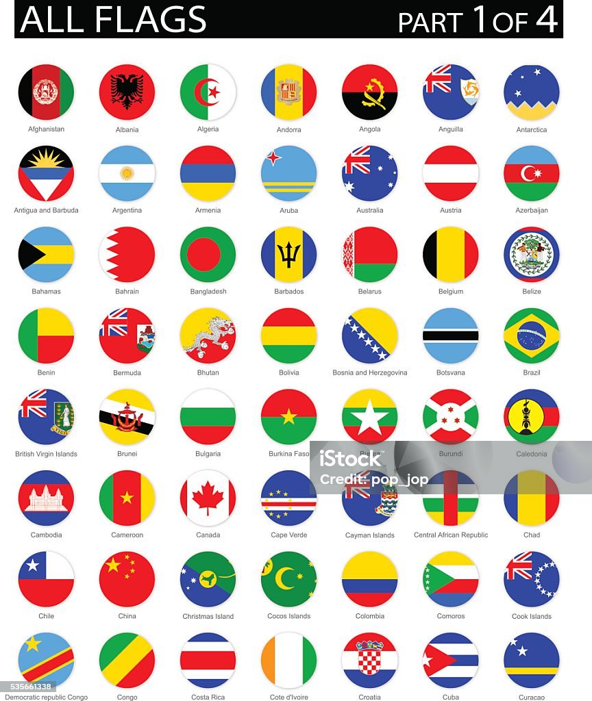 All World Round Flag Flat Icons - Illustration Full Collection of World Flags in Alphabetical Order Icon Symbol stock vector