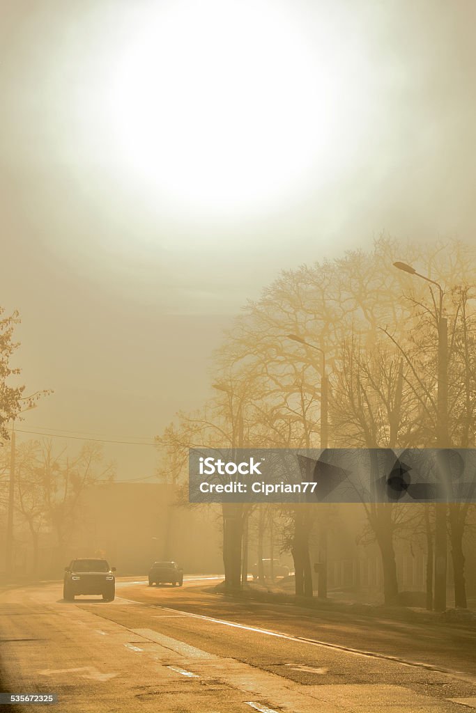 foggy road Sunny morning on a road in fog 2015 Stock Photo