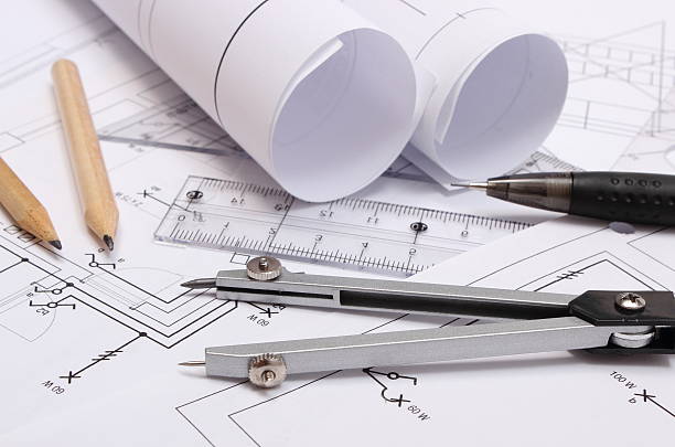 istock Rolled electrical diagrams and accessories for drawing 535673577
