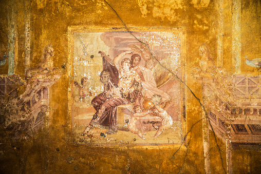 detail of roman frescoes in Pompeii, Italy