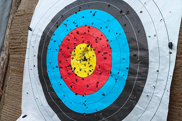 istock Side angle view of used archery target pinned to wall 535676165