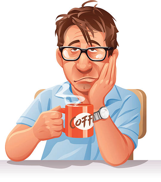 müder mann, trinkt kaffee - kaffe auf glastisch stock-grafiken, -clipart, -cartoons und -symbole