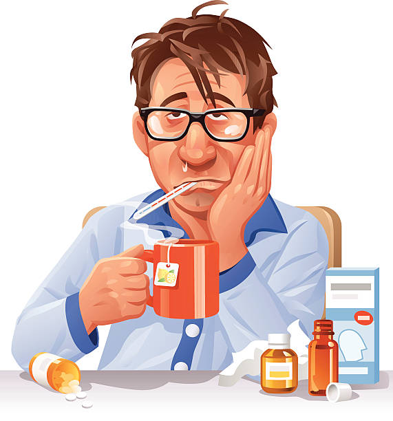 chory człowiek pije herbata - snorting stock illustrations