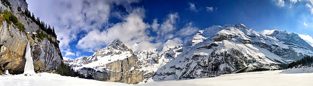 Swiss Alps Panorama with frozen waterfall