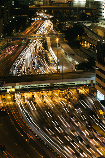 A busy toll plaza during the evening, Hong Kong. 