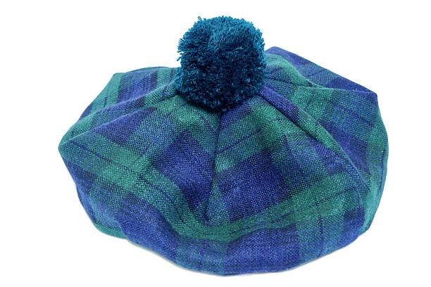 Traditional Scottish Green Tartan Bonnet. Traditional Scottish Green Tartan Bonnet, also named Tam o' Shanter. Men headgear Isolated on white Background. glengarry cap stock pictures, royalty-free photos & images