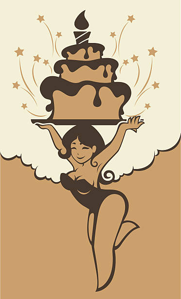 pinup cartoon girl and birthday cake pinup cartoon girl and birthday cake, greeting card pin up girl cake stock illustrations