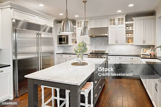 Beautiful Kitchen In Luxury Home With Island And Stainless Steel Stock Photo - Download Image Now