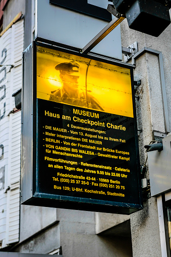 Berlin, Germany - July 17, 2012: Sign outside the Checkpoint Charlie Museum in Berlin Germany
