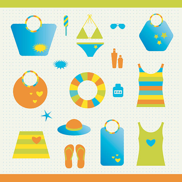 ilustrações de stock, clip art, desenhos animados e ícones de verão praia conjunto. coleção de bolsas, t camisas, sol solar. - suntan lotion symbol ice umbrella