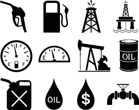 Vector illustration of a series of twelve gas and oil-themed black and white icons. Each icon is on its own layer, easily separated from the others in a program like Illustrator, etc. Both .ai and AI8-compatible .eps formats are included, along with a high-res .jpg, and a high-res .png with transparent background.