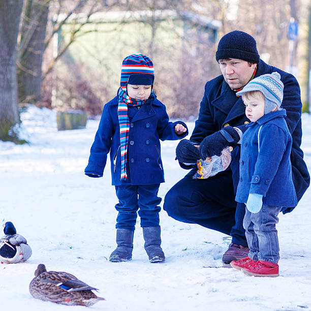 istock Father and two little siblings boys feeding ducks in winter. 535717857