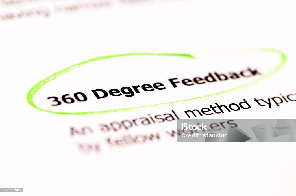 Closeup shot over words 360 Degree Feedback on paper Words 360 Degree Feedback highlighted with green on white paper, copy space available, Business Vision Concept 360-Degree View Stock Photo
