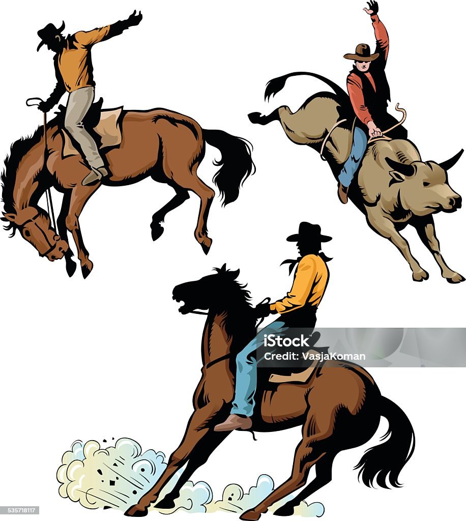 Rodeo Cowboys en acción - arte vectorial de Vaquero libre de derechos