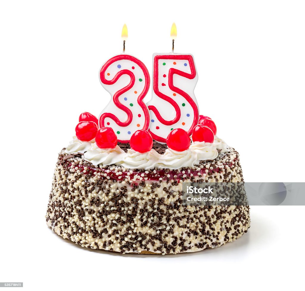 Birthday cake with burning candle number 35 35-39 Years Stock Photo