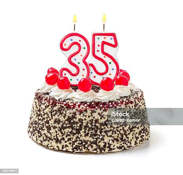 Birthday Cake With Burning Candle Number 35 Stock Photo - Download Image Now - 35-39 Years, Birthday, Number 35