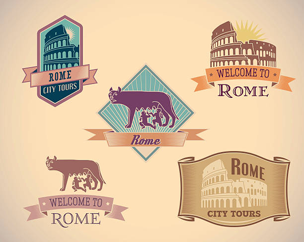 Rome labels Set of retro-styled Rome city tour labels. Editable vector illustration. capitoline hill stock illustrations