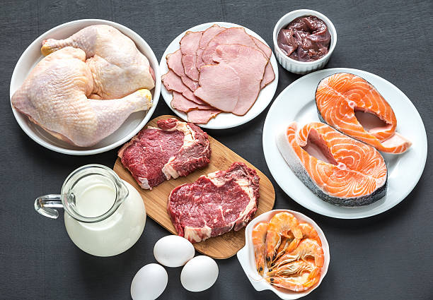istock Protein diet: raw products on the wooden background 535721447